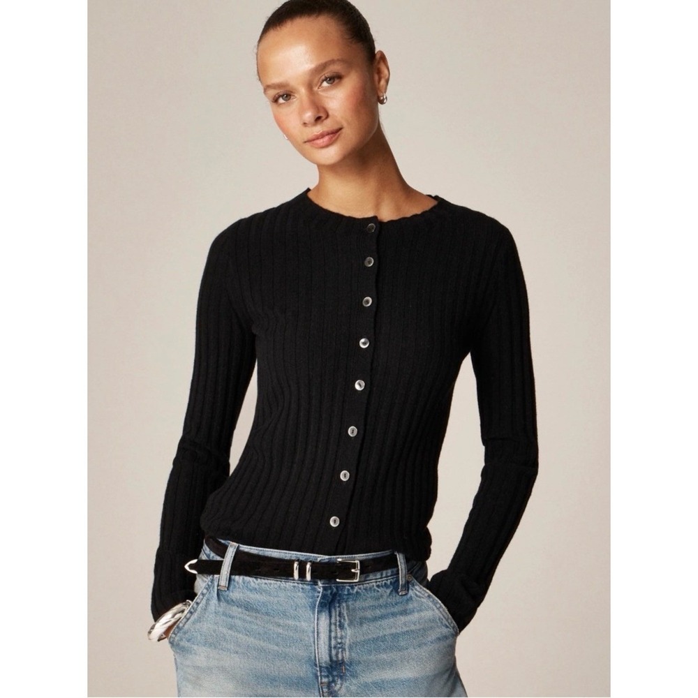 J. Crew S Cashmere Black Cardigan Wide-Rib Crewneck CO325